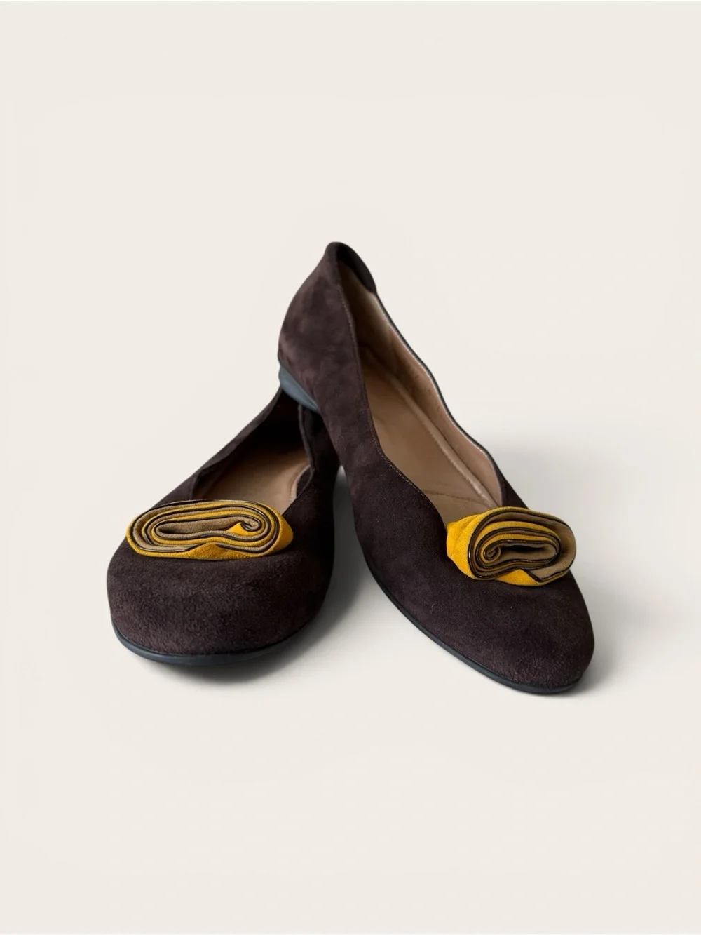 BeautiFeel Dark Brown Suede Flats with Yellow Rosette Accent